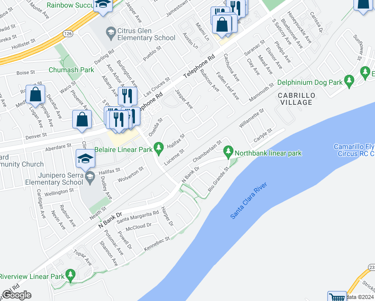 map of restaurants, bars, coffee shops, grocery stores, and more near 9650 Lucerne Street in Ventura