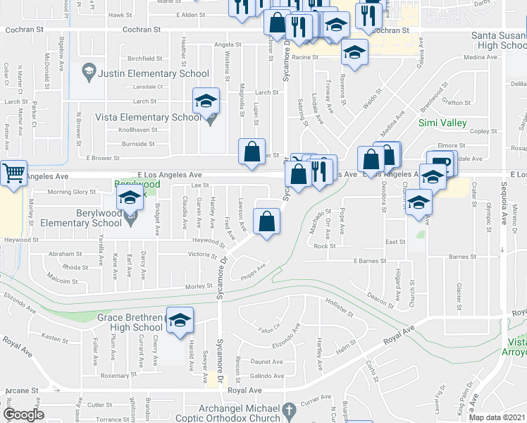 map of restaurants, bars, coffee shops, grocery stores, and more near 1793 Ross Circle in Simi Valley