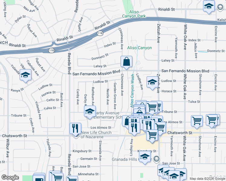 map of restaurants, bars, coffee shops, grocery stores, and more near 11001 Garden Grove Avenue in Los Angeles