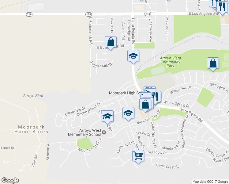 map of restaurants, bars, coffee shops, grocery stores, and more near 11535 Northdale Drive in Moorpark