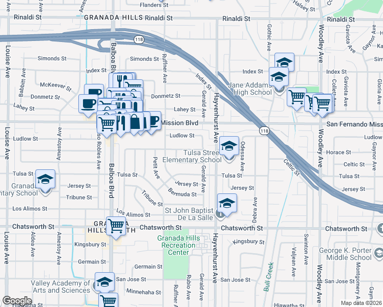 map of restaurants, bars, coffee shops, grocery stores, and more near 16661 Horace Street in Los Angeles