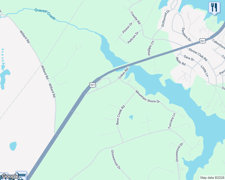 map of restaurants, bars, coffee shops, grocery stores, and more near 302 Coker Road in Greenwood
