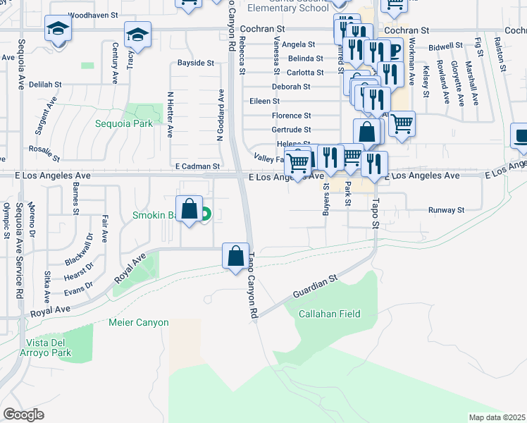 map of restaurants, bars, coffee shops, grocery stores, and more near 1800 Tapo Canyon Road in Simi Valley