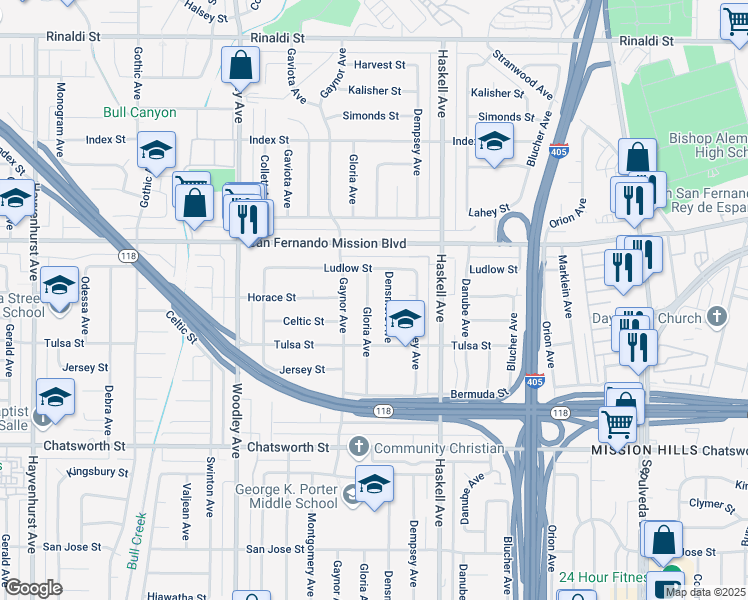 map of restaurants, bars, coffee shops, grocery stores, and more near 11012 Gloria Avenue in Los Angeles
