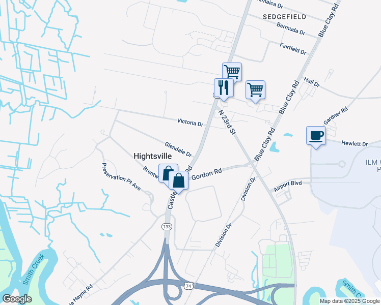 map of restaurants, bars, coffee shops, grocery stores, and more near 1727 Castle Hayne Road in Wilmington