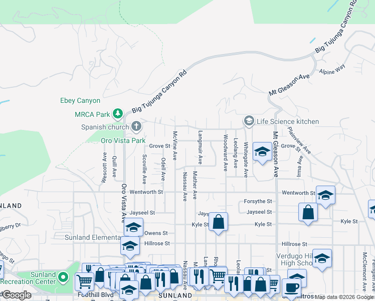 map of restaurants, bars, coffee shops, grocery stores, and more near 11040 Nassau Avenue in Los Angeles