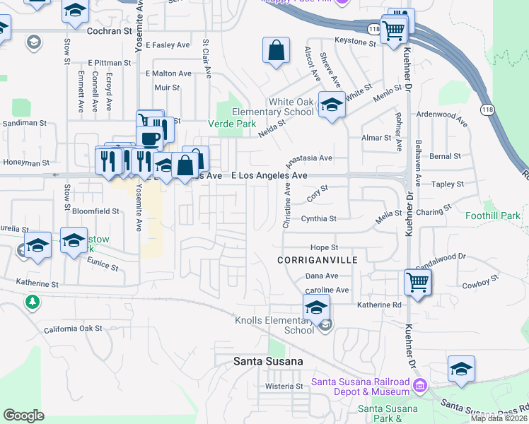 map of restaurants, bars, coffee shops, grocery stores, and more near 1873 Love Circle in Simi Valley