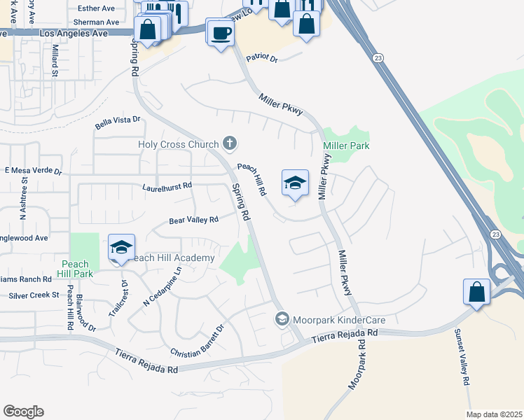 map of restaurants, bars, coffee shops, grocery stores, and more near 13950 Peach Hill Road in Moorpark
