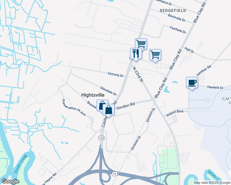 map of restaurants, bars, coffee shops, grocery stores, and more near 1727 Castle Hayne Road in Wilmington