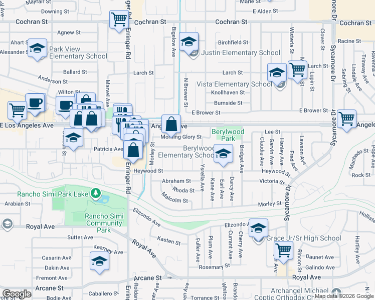 map of restaurants, bars, coffee shops, grocery stores, and more near 2136 Denny Street in Simi Valley