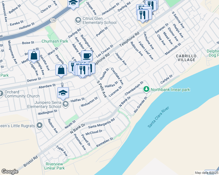 map of restaurants, bars, coffee shops, grocery stores, and more near 9542 Halifax Street in Ventura