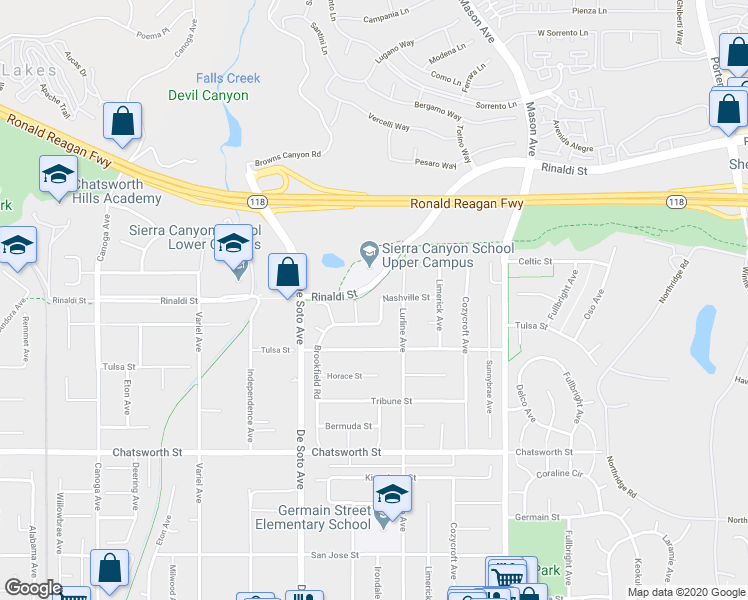 map of restaurants, bars, coffee shops, grocery stores, and more near 20719 Nashville Street in Los Angeles