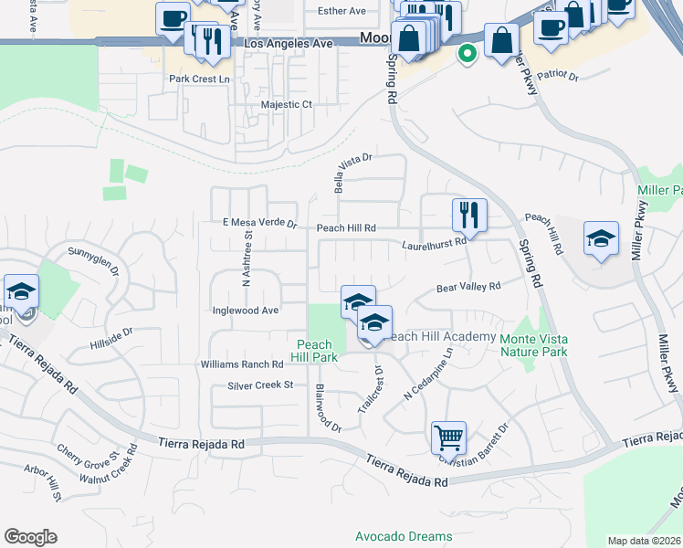 map of restaurants, bars, coffee shops, grocery stores, and more near 4332 Fairbrook Lane in Moorpark