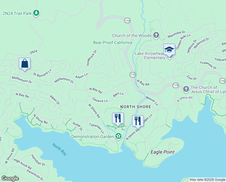 map of restaurants, bars, coffee shops, grocery stores, and more near 28227 Grenoble Drive in Lake Arrowhead