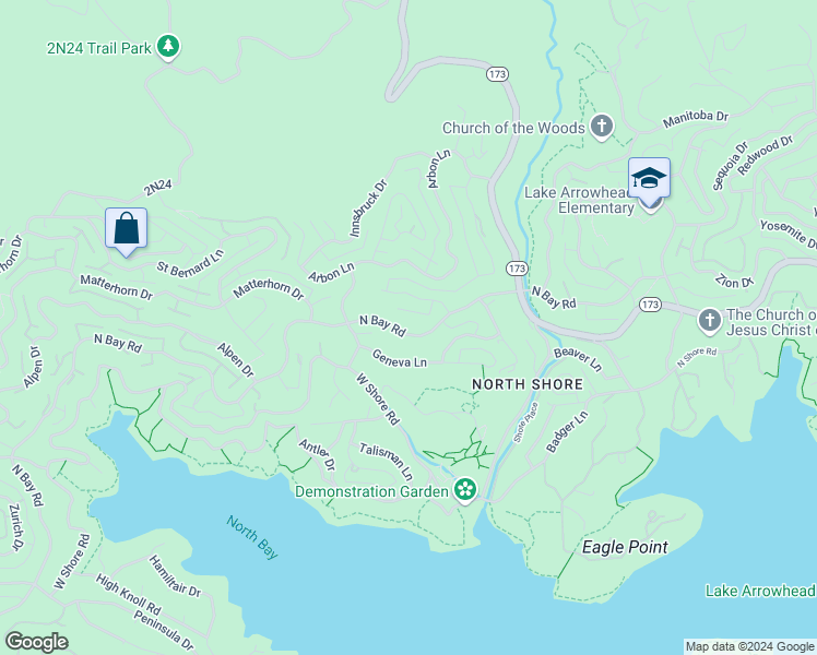 map of restaurants, bars, coffee shops, grocery stores, and more near 28164 North Bay Road in Lake Arrowhead