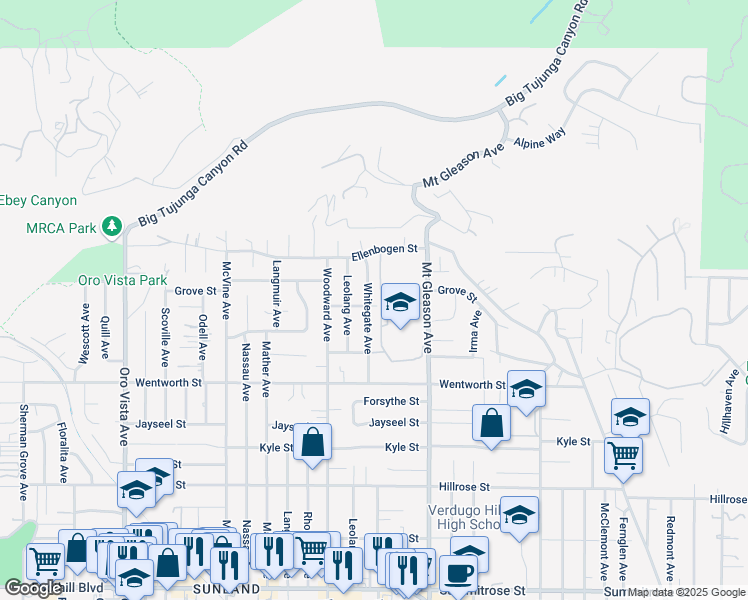 map of restaurants, bars, coffee shops, grocery stores, and more near 11040 Whitegate Avenue in Los Angeles