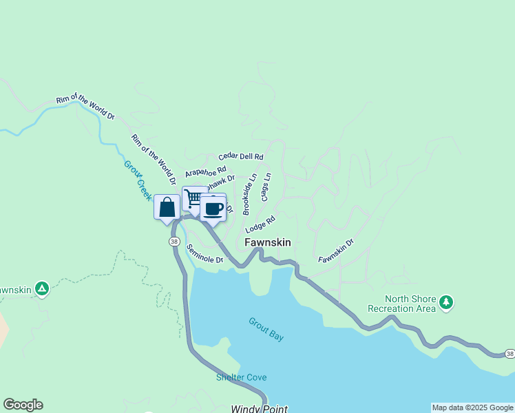 map of restaurants, bars, coffee shops, grocery stores, and more near 1132 Crags Lane in Fawnskin