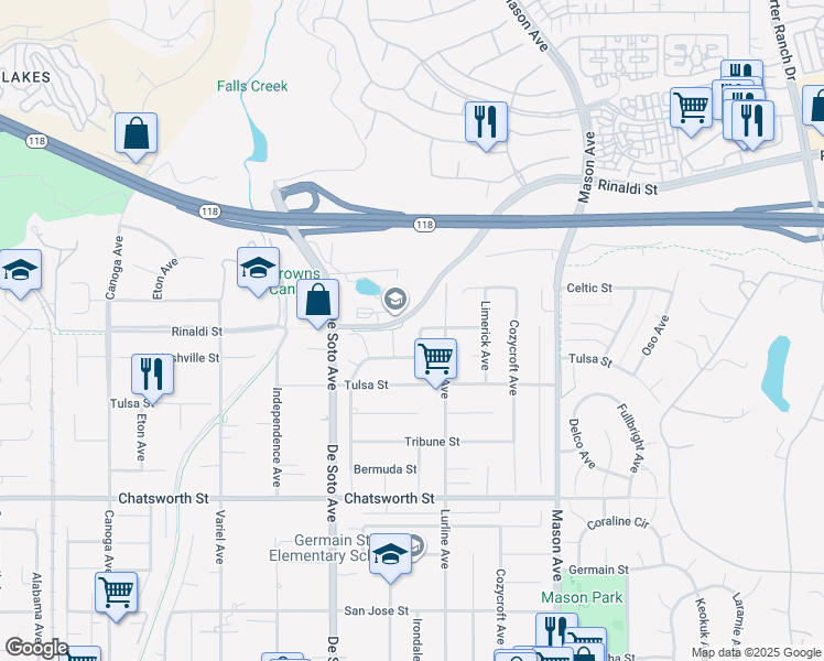 map of restaurants, bars, coffee shops, grocery stores, and more near 20719 Nashville Street in Los Angeles