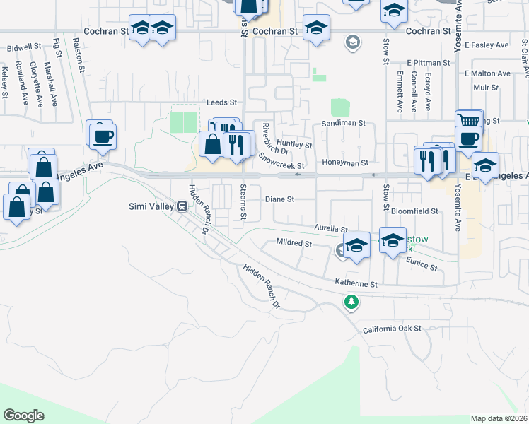 map of restaurants, bars, coffee shops, grocery stores, and more near 1874 Suntree Lane in Simi Valley