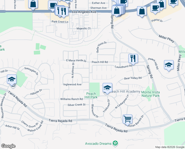 map of restaurants, bars, coffee shops, grocery stores, and more near 4366 Woodglen Drive in Moorpark