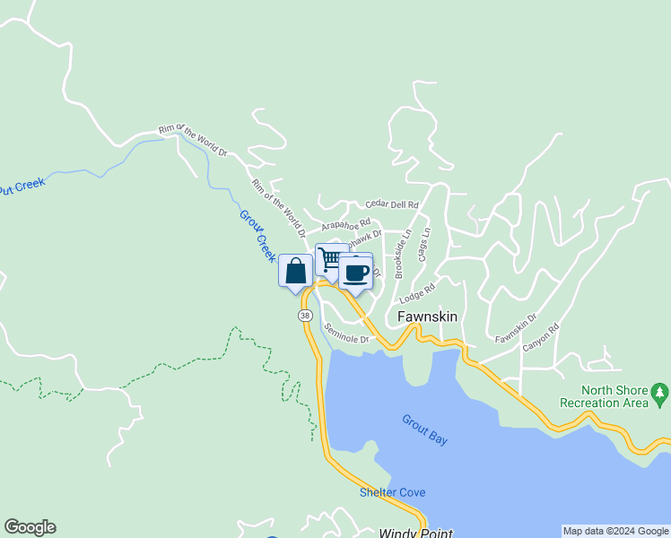 map of restaurants, bars, coffee shops, grocery stores, and more near 1132 Navajo Street in Fawnskin