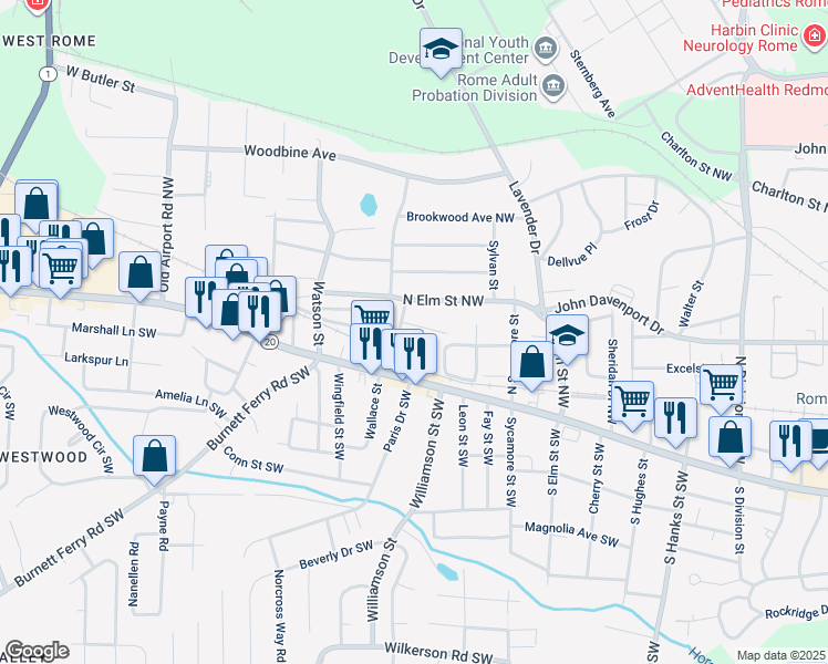map of restaurants, bars, coffee shops, grocery stores, and more near 4 Homestead Circle Northwest in Rome