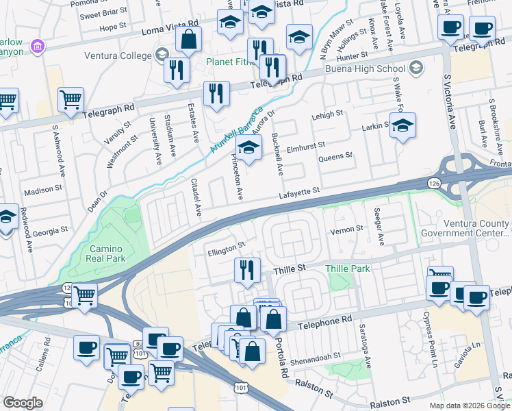 map of restaurants, bars, coffee shops, grocery stores, and more near 5037 Lafayette Street in Ventura