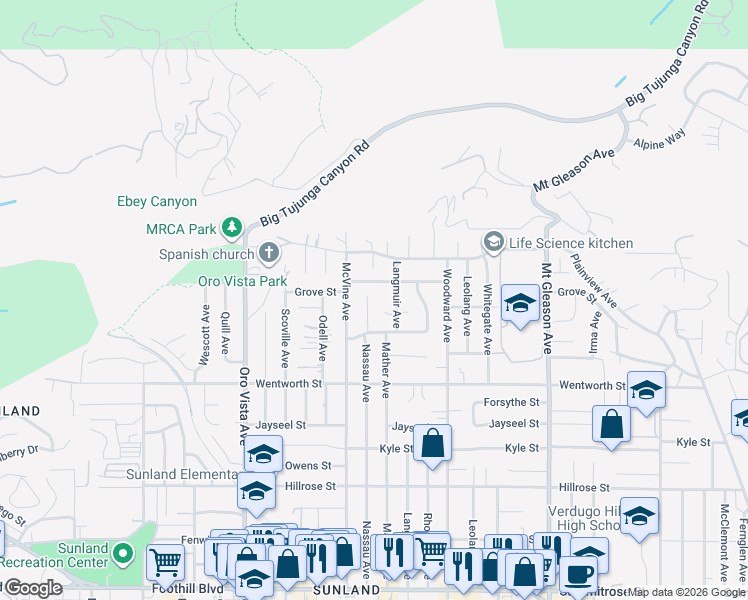 map of restaurants, bars, coffee shops, grocery stores, and more near 11040 Nassau Avenue in Los Angeles