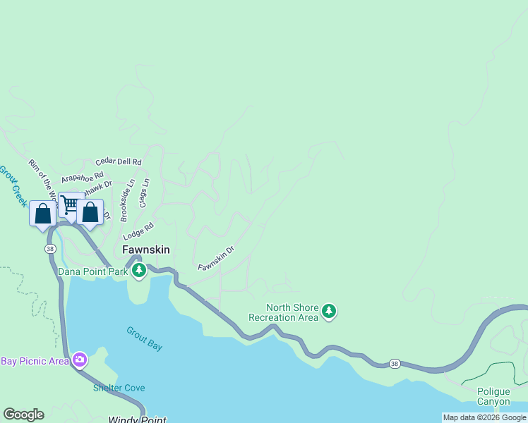 map of restaurants, bars, coffee shops, grocery stores, and more near 1163 Fawnskin Drive in Fawnskin
