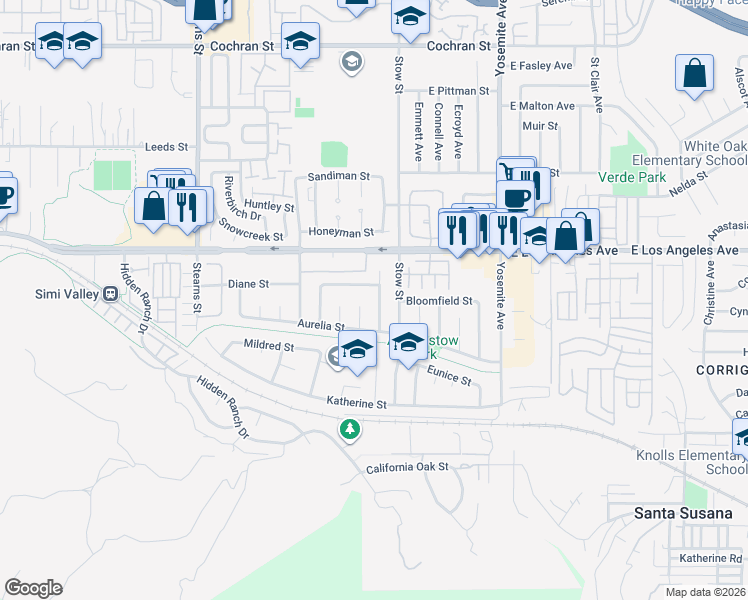 map of restaurants, bars, coffee shops, grocery stores, and more near 1847 North Hilliard Avenue in Simi Valley