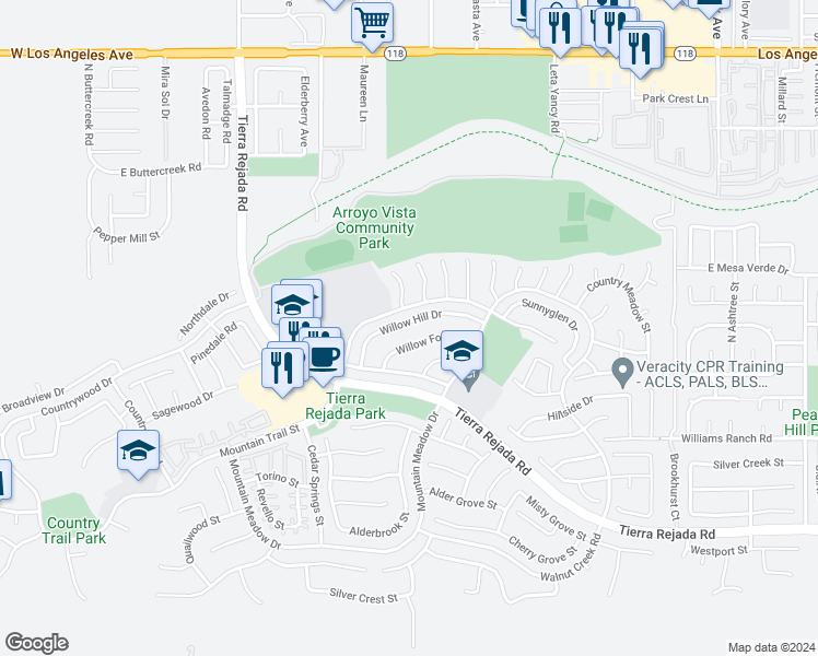 map of restaurants, bars, coffee shops, grocery stores, and more near 12318 Willow Hill Drive in Moorpark
