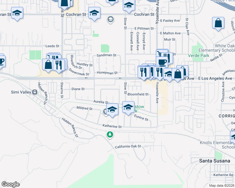 map of restaurants, bars, coffee shops, grocery stores, and more near 5520 Geoffrey Avenue in Simi Valley