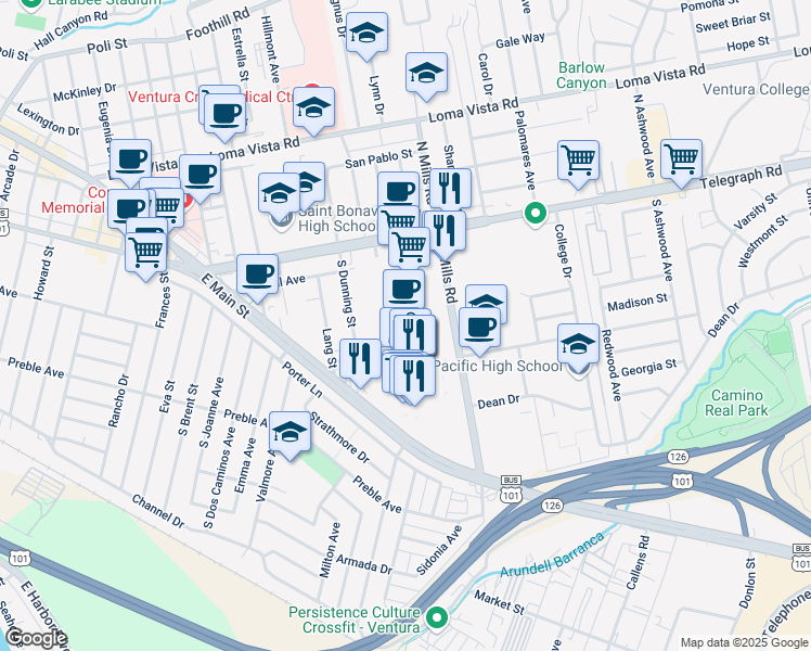 map of restaurants, bars, coffee shops, grocery stores, and more near 245 South Mills Road in Ventura