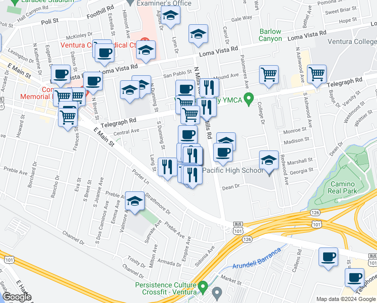map of restaurants, bars, coffee shops, grocery stores, and more near 245 South Mills Road in Ventura