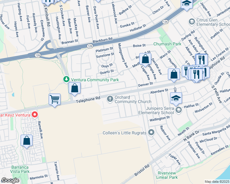map of restaurants, bars, coffee shops, grocery stores, and more near 8243 Denver Street in Ventura