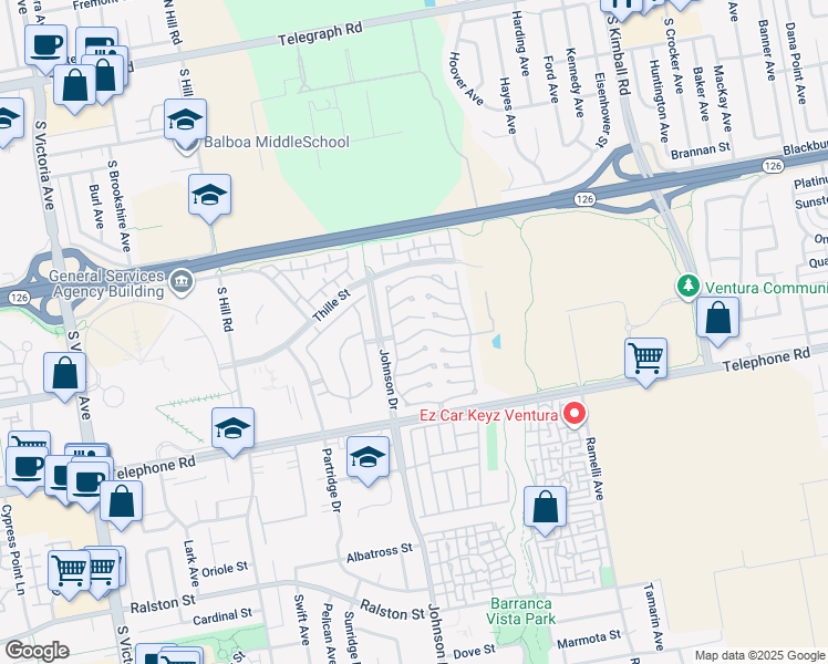 map of restaurants, bars, coffee shops, grocery stores, and more near 75 Russell Court in Ventura