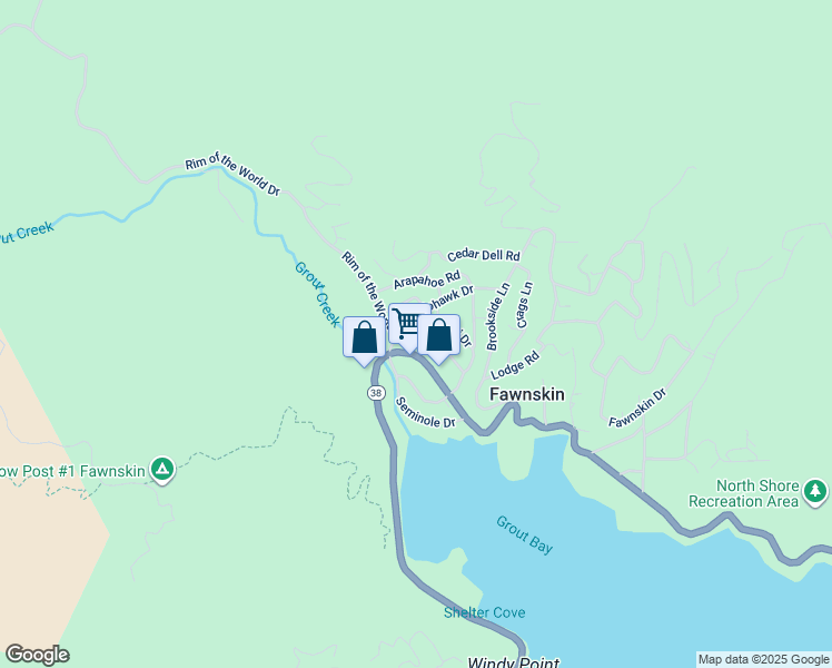 map of restaurants, bars, coffee shops, grocery stores, and more near 1132 Navajo Street in Fawnskin
