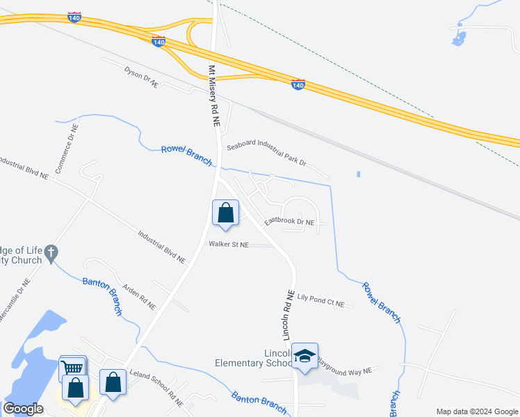 map of restaurants, bars, coffee shops, grocery stores, and more near 9504 Huckabee Drive Northeast in Leland