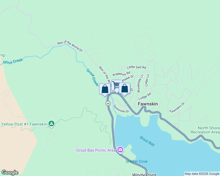 map of restaurants, bars, coffee shops, grocery stores, and more near 39167 Rim of the World Drive in Fawnskin