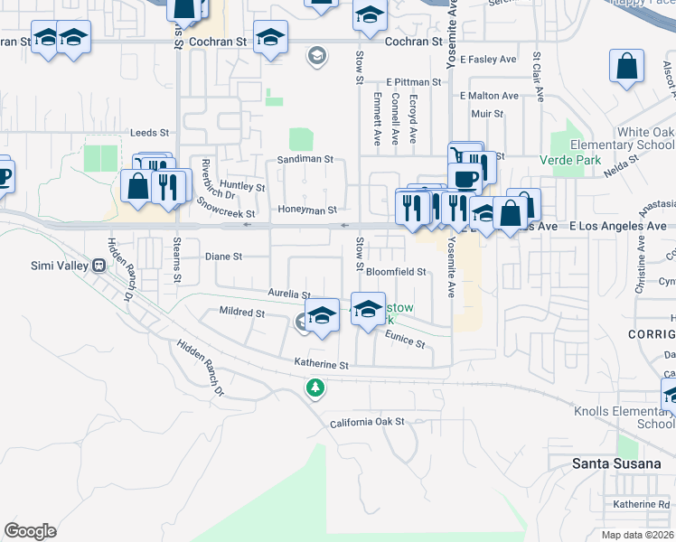 map of restaurants, bars, coffee shops, grocery stores, and more near 5520 Geoffrey Avenue in Simi Valley