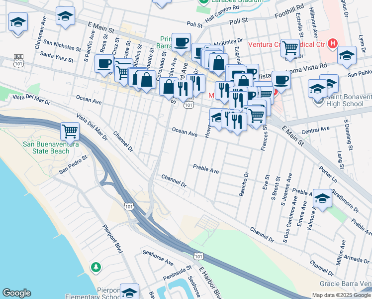 map of restaurants, bars, coffee shops, grocery stores, and more near 417 South Evergreen Drive in Ventura