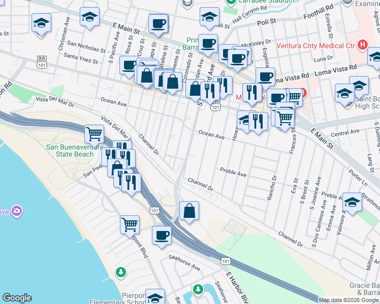 map of restaurants, bars, coffee shops, grocery stores, and more near 518 South Seaward Avenue in Ventura