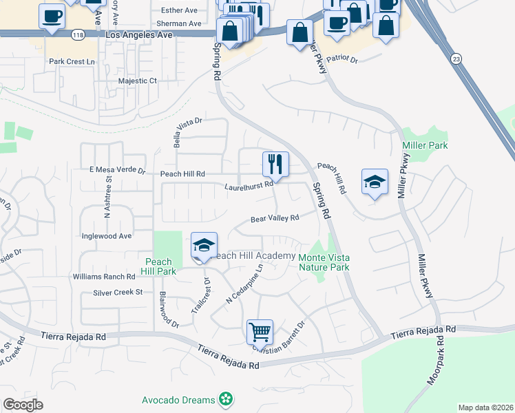 map of restaurants, bars, coffee shops, grocery stores, and more near 13654 Blacksmith Court in Moorpark
