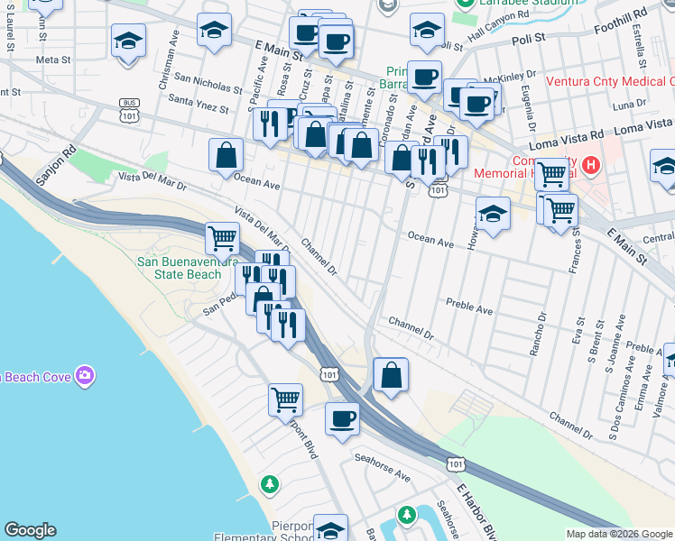 map of restaurants, bars, coffee shops, grocery stores, and more near 541 Coronado Street in Ventura