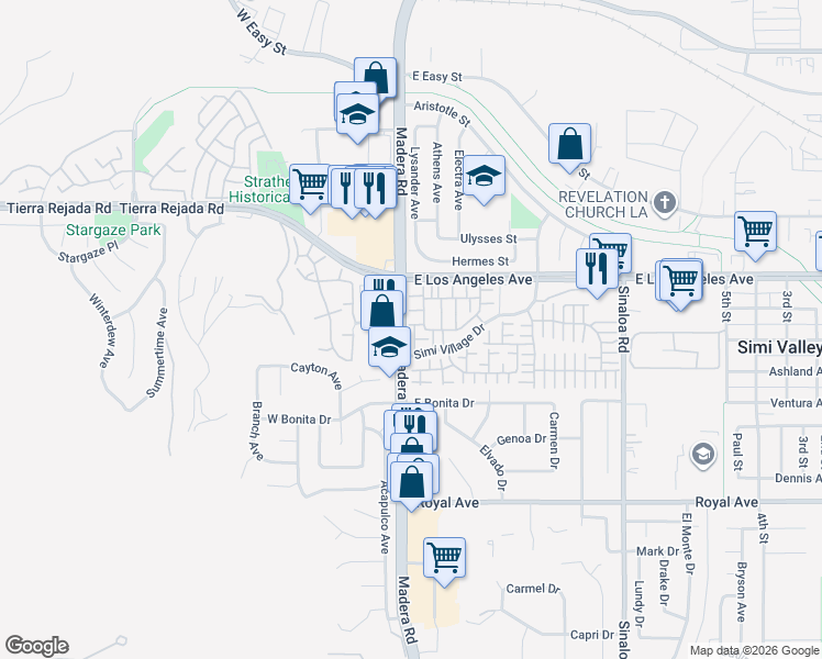 map of restaurants, bars, coffee shops, grocery stores, and more near 1821 Poppy Dr in Simi Valley