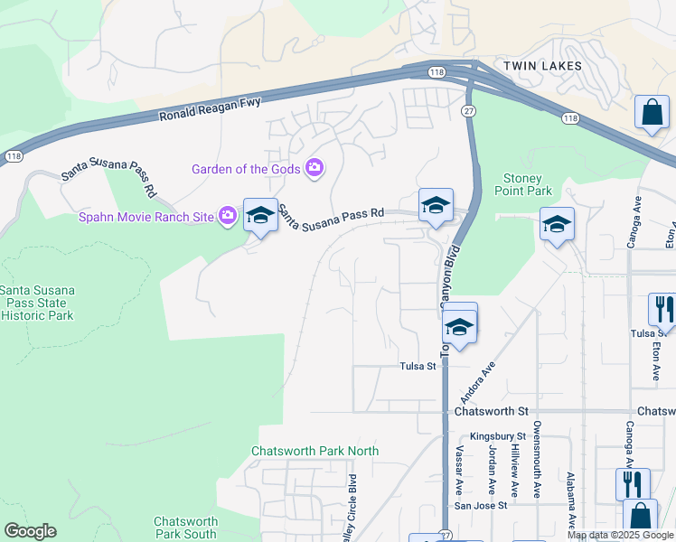 map of restaurants, bars, coffee shops, grocery stores, and more near 11001 Farralone Avenue in Chatsworth