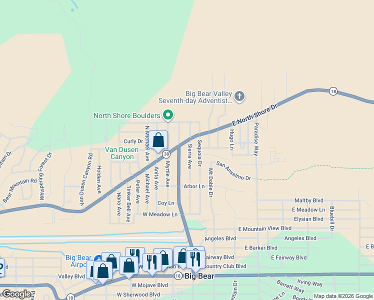 map of restaurants, bars, coffee shops, grocery stores, and more near 1053 Sierra Avenue in Big Bear