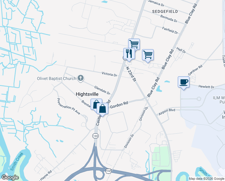 map of restaurants, bars, coffee shops, grocery stores, and more near 1731 Castle Hayne Road in Wilmington