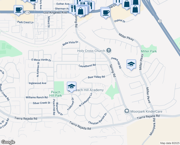 map of restaurants, bars, coffee shops, grocery stores, and more near 13654 Blacksmith Court in Moorpark