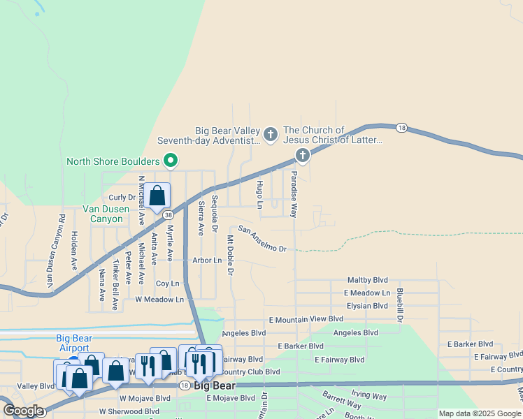 map of restaurants, bars, coffee shops, grocery stores, and more near 1055 Hugo Lane in Big Bear
